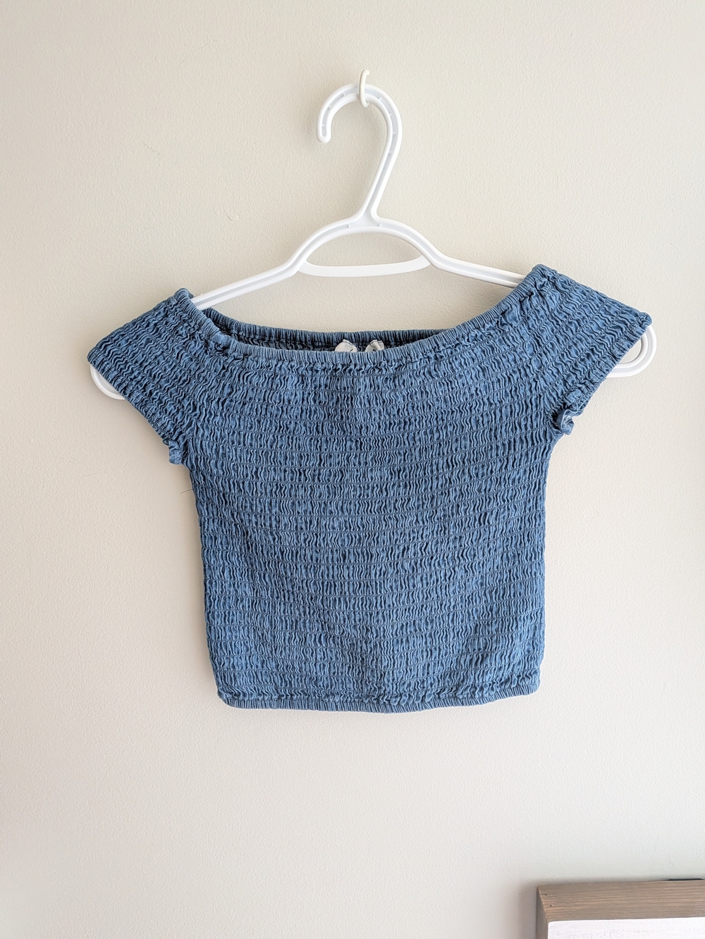 Urban Heritage 100% Cotton Dusty Blue Smocked Off-Shoulder Top